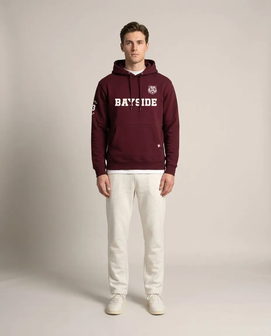 AI-generated studio shot of a model in a Retro Kid Bayside hoodie