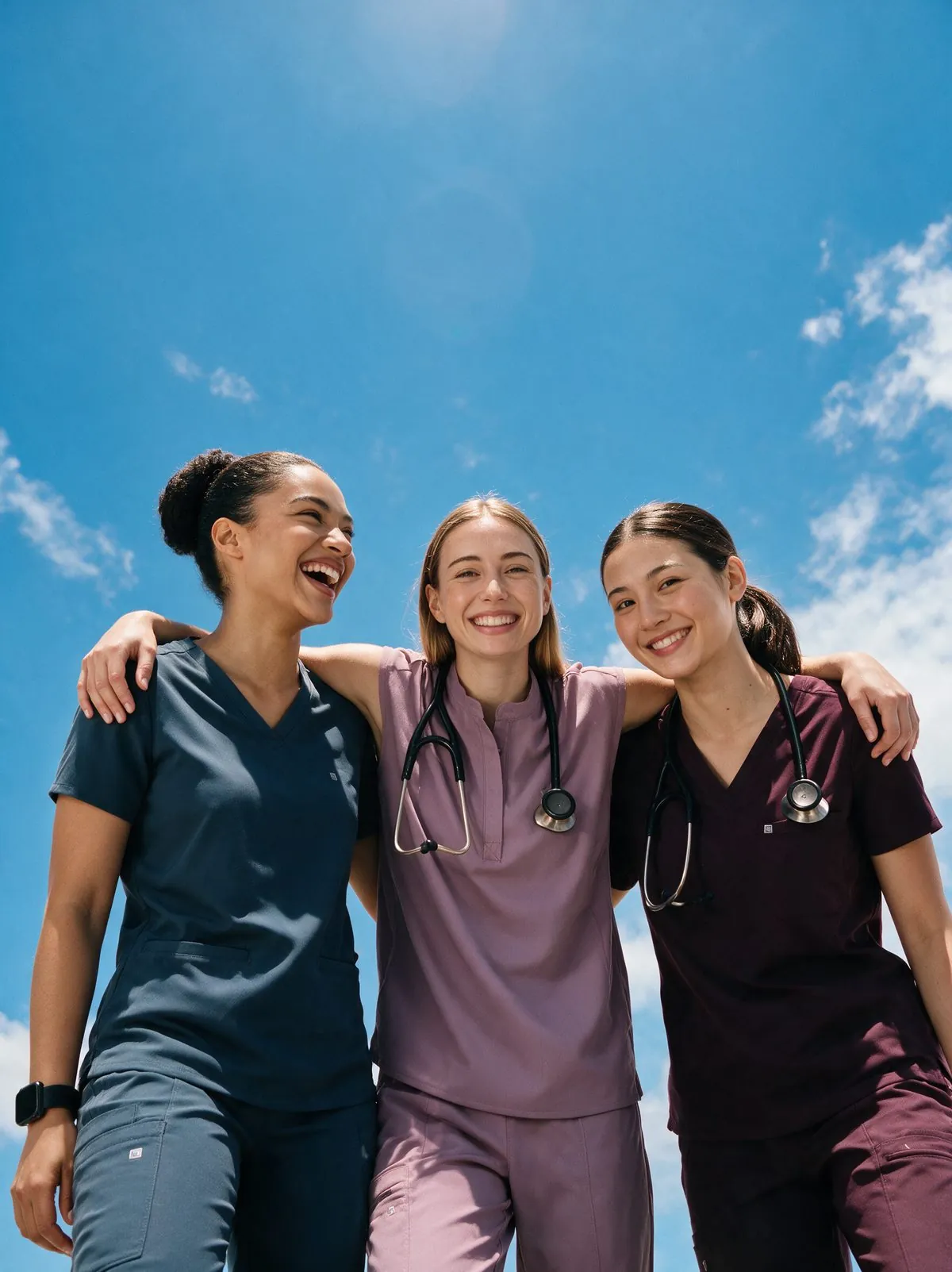 Three models together laughing under a blue sky, generated from single shots