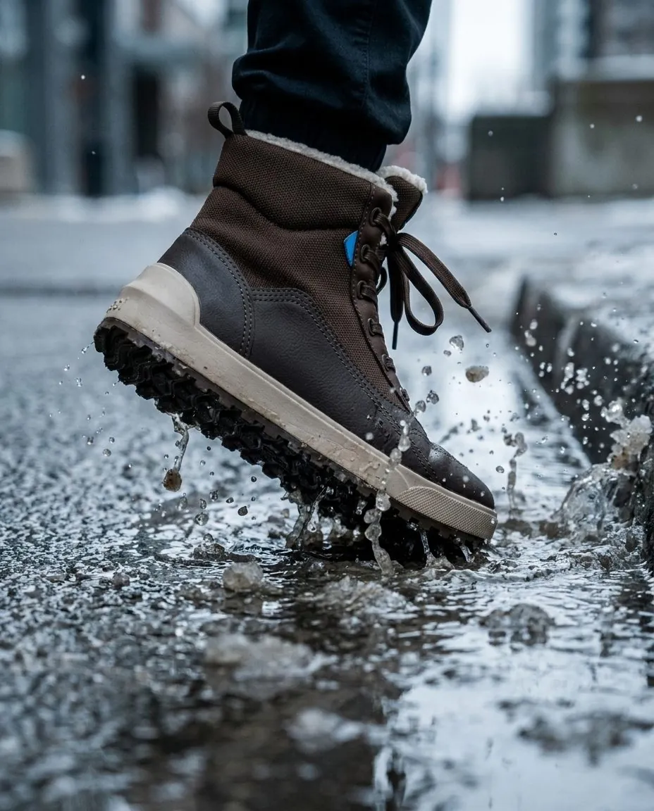 Vessi boot mid-step on wet pavement, AI generated