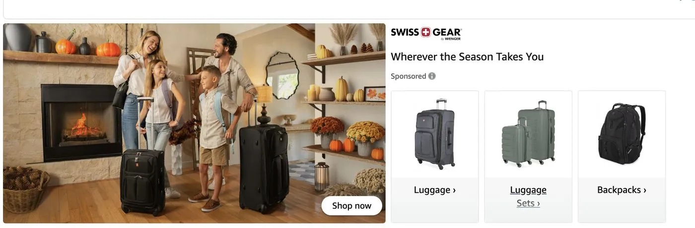 SwissGear Sponsored Brands ad with a family and three luggage pieces