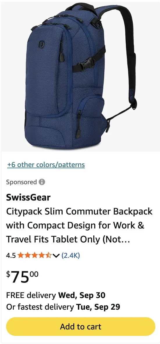 SwissGear product cards on Amazon mobile search
