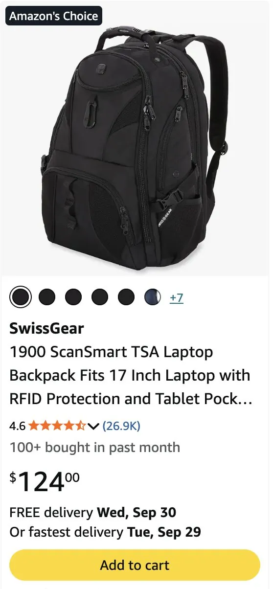 SwissGear product cards on Amazon mobile search