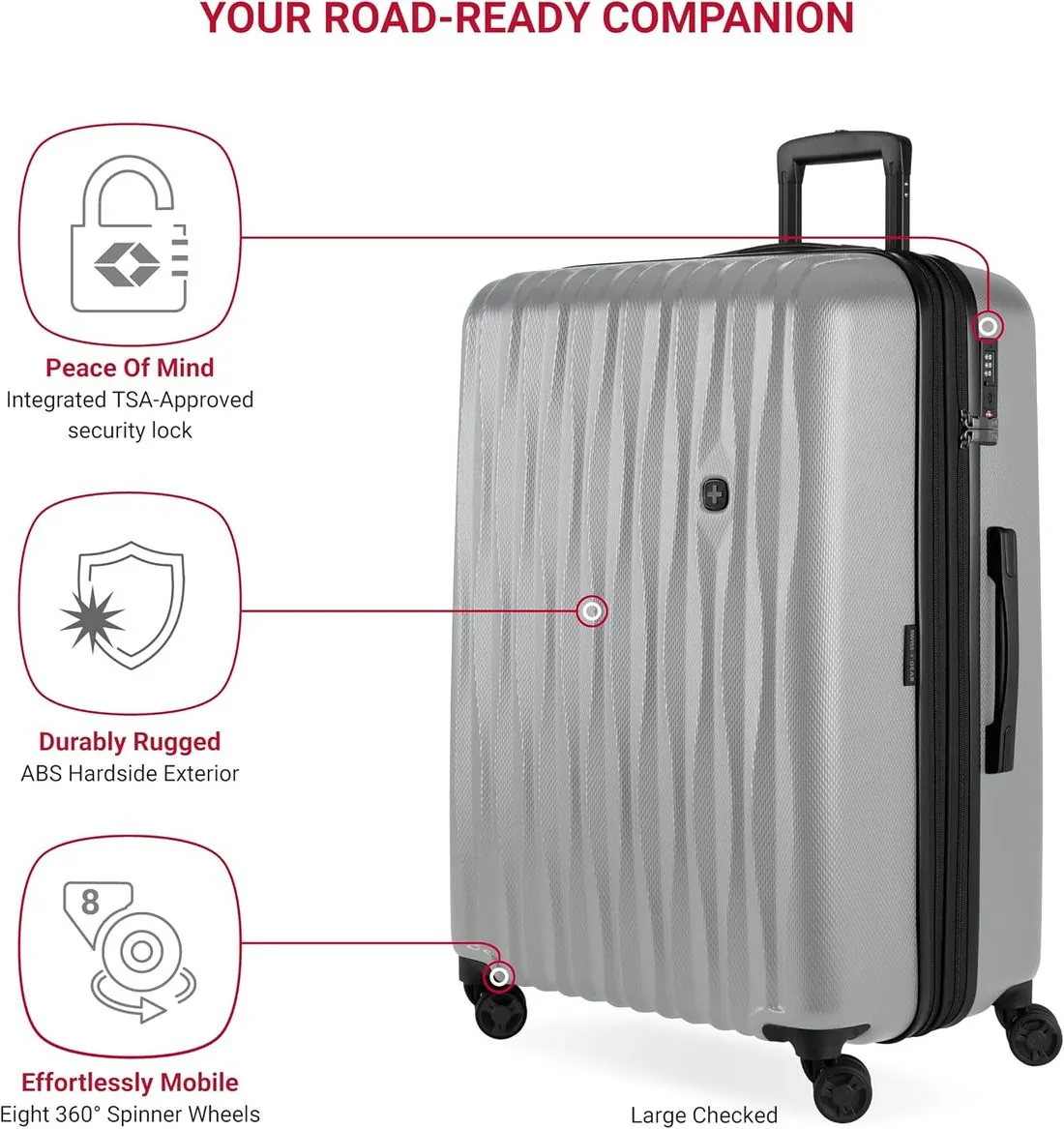 Feature callouts: TSA lock, rugged ABS shell, spinner wheels