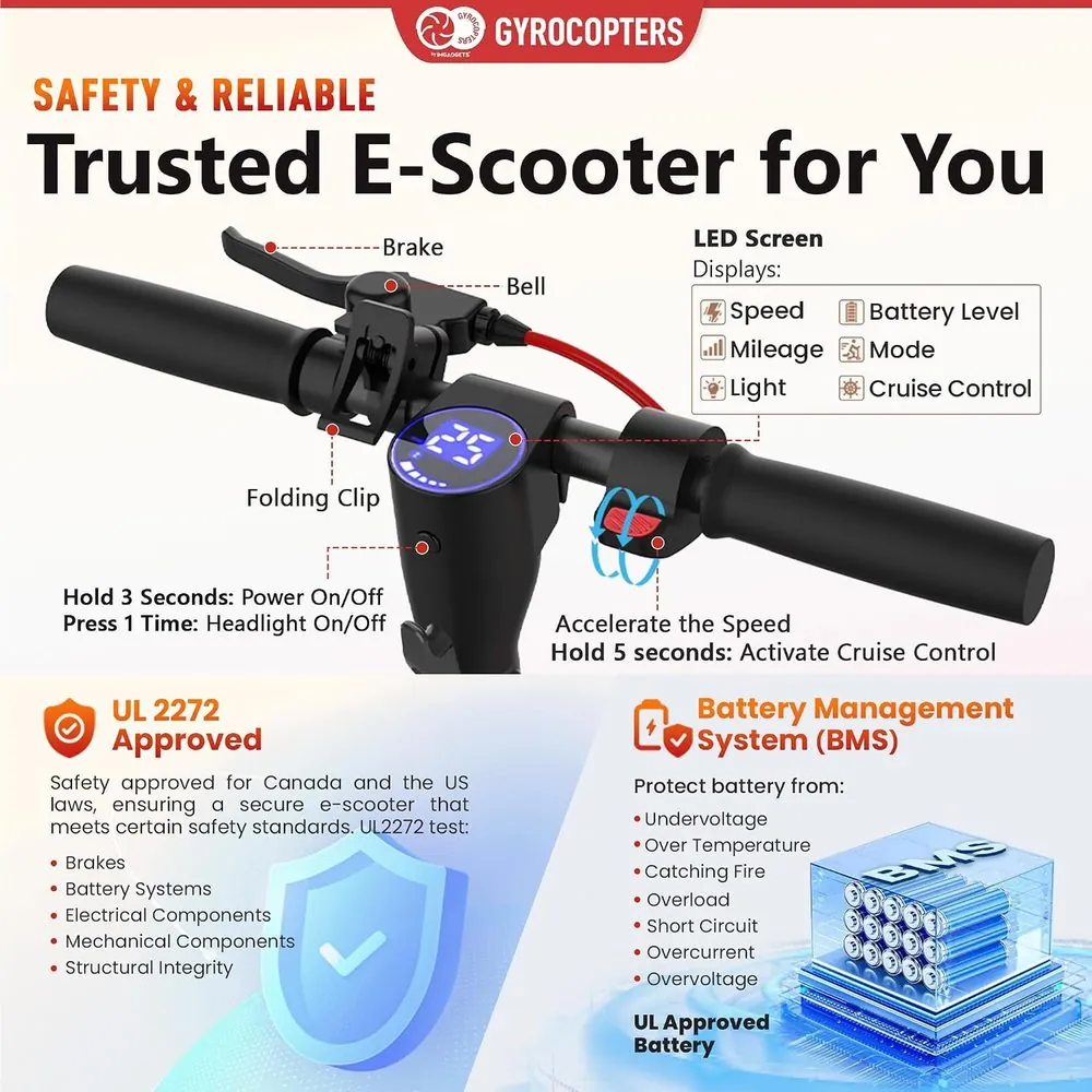 Safety and reliability callouts: UL2272, battery management, lights