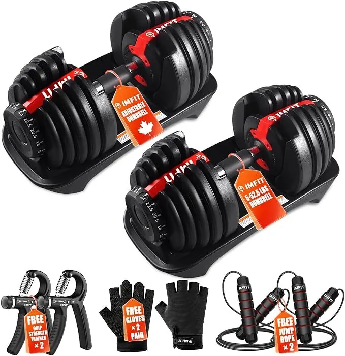 IMFit adjustable dumbbells with free accessories on white
