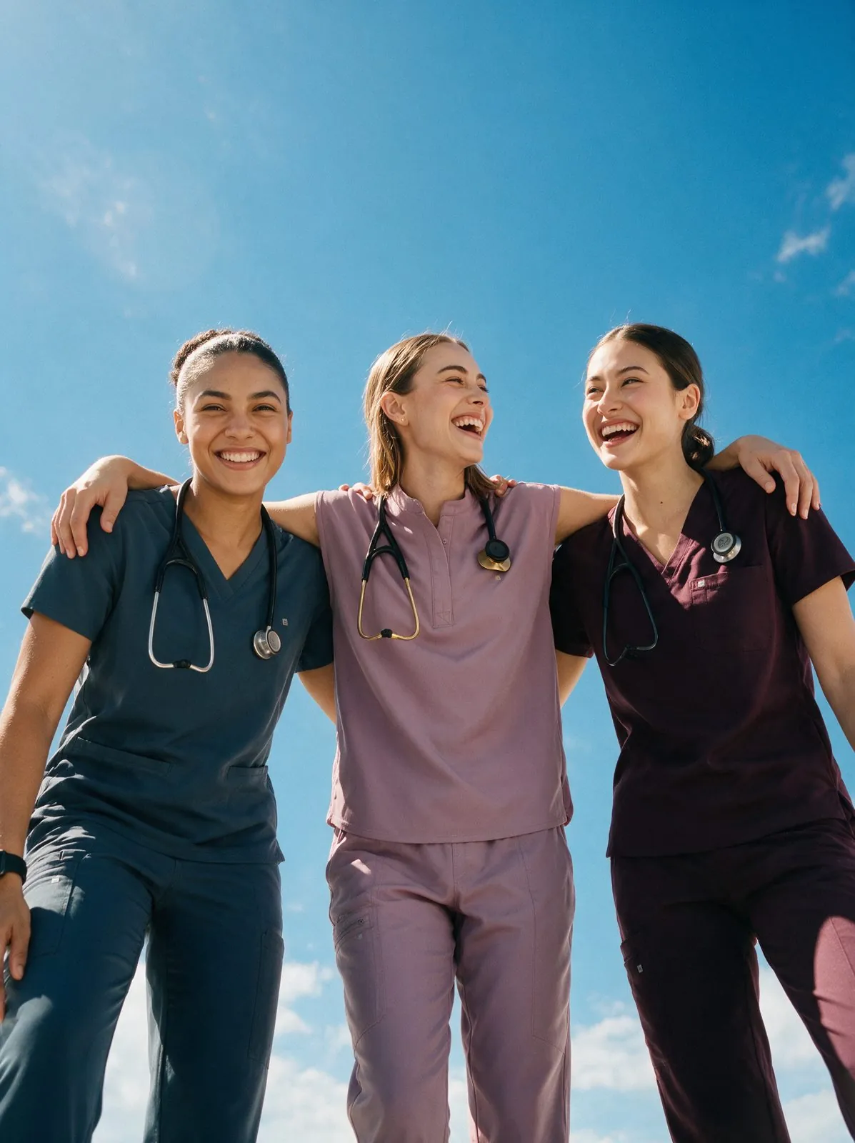 Three healthcare workers in scrubs laughing outdoors