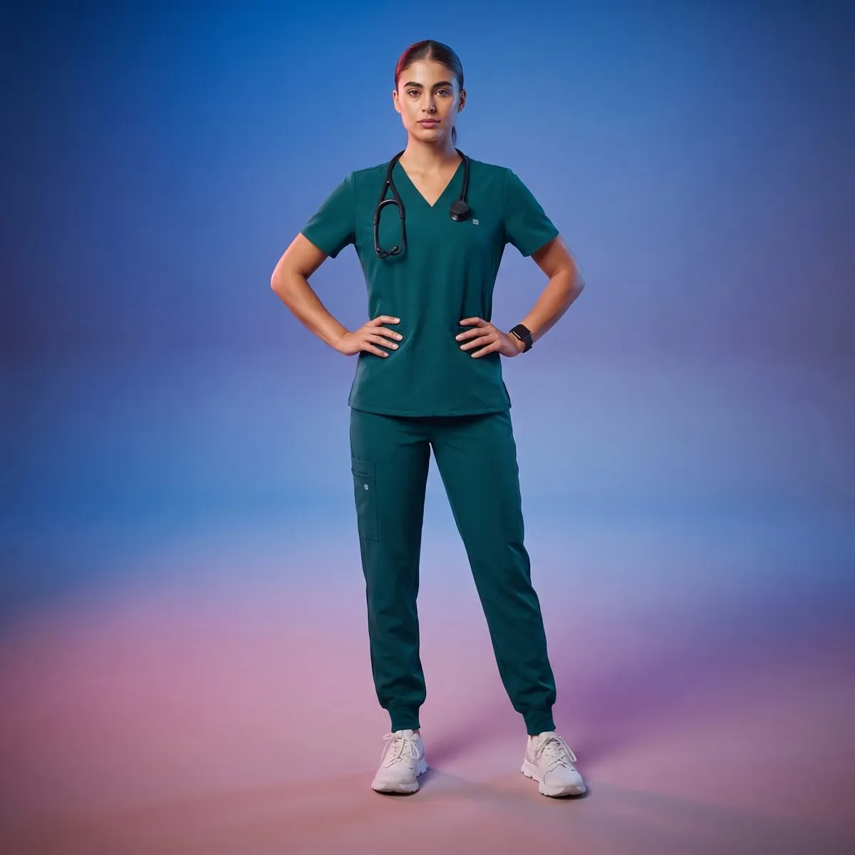 Nurse in a teal scrub set on a studio backdrop