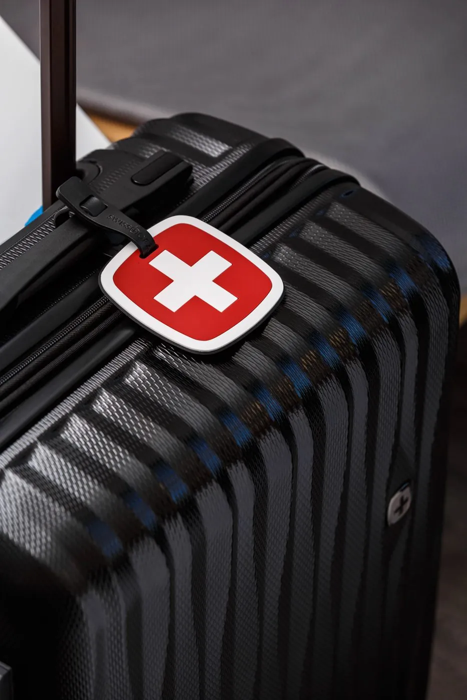 Close up of SwissGear hardside luggage and logo
