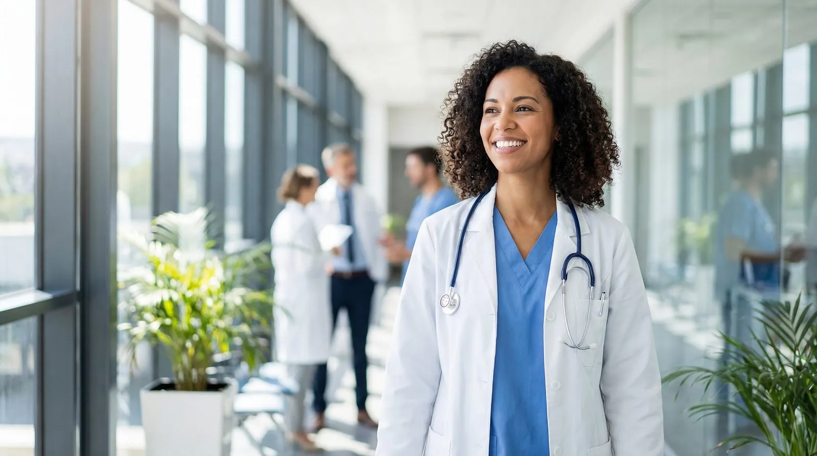 Smiling healthcare professional in a hospital corridor