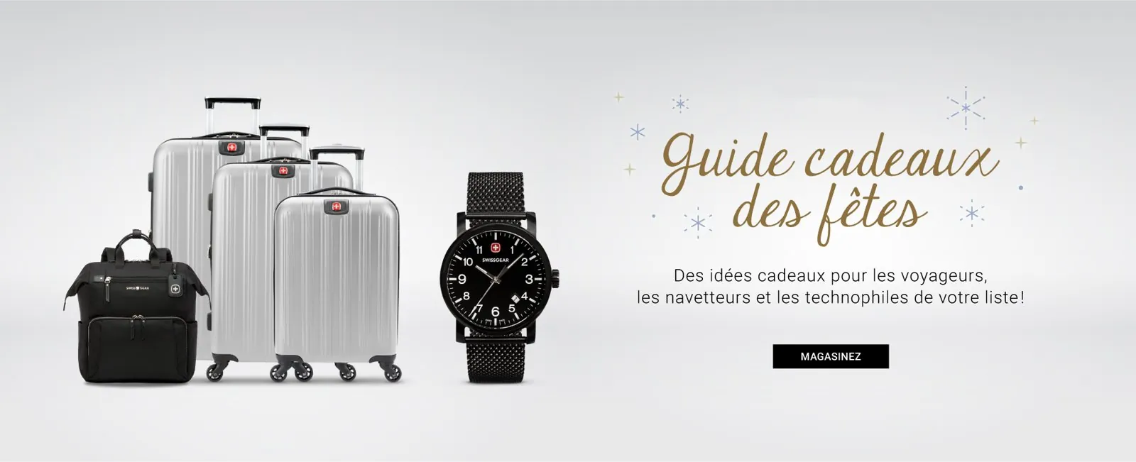 SwissGear holiday gift guide banner in French: Guide cadeaux des fĂȘtes