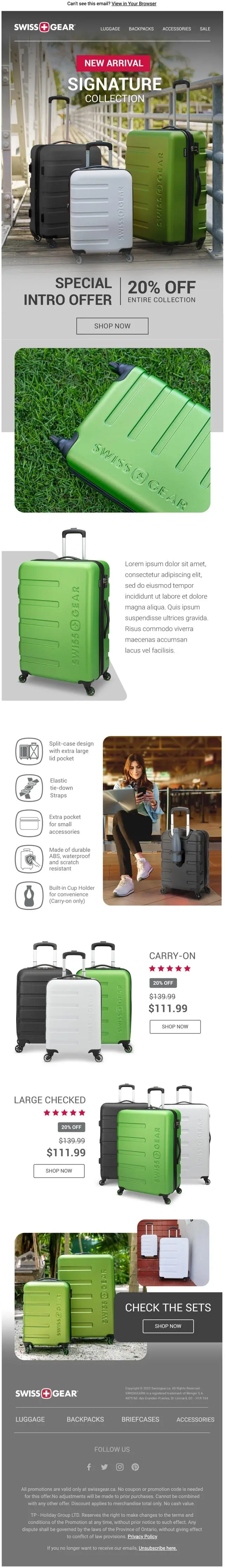 SwissGear email: Signature Collection, 20% intro offer