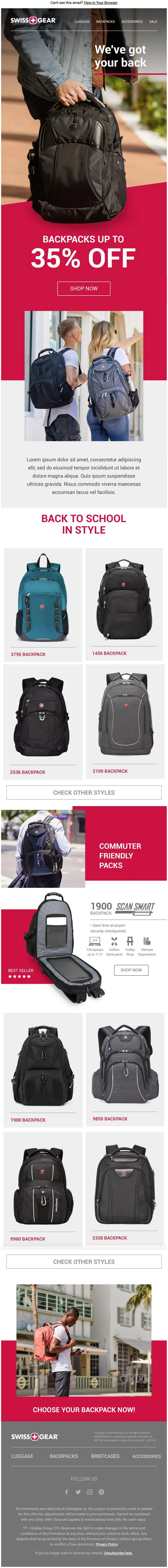 SwissGear back to school backpacks email