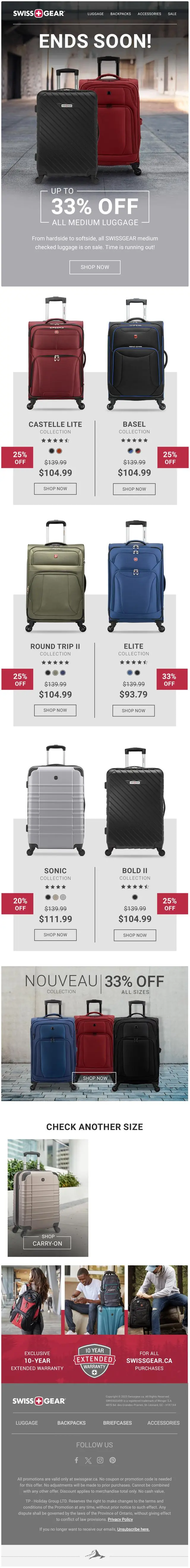 SwissGear email: Ends soon: up to 33% off medium luggage