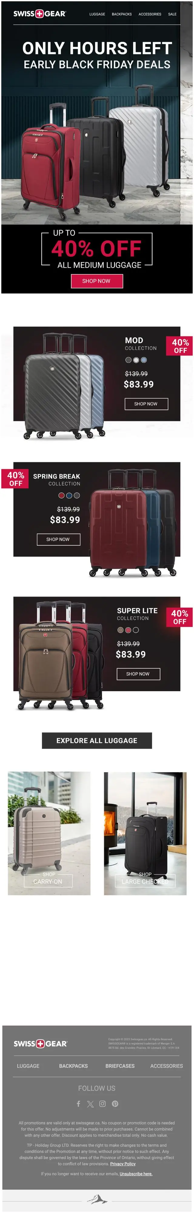 SwissGear email: Only hours left: early Black Friday deals