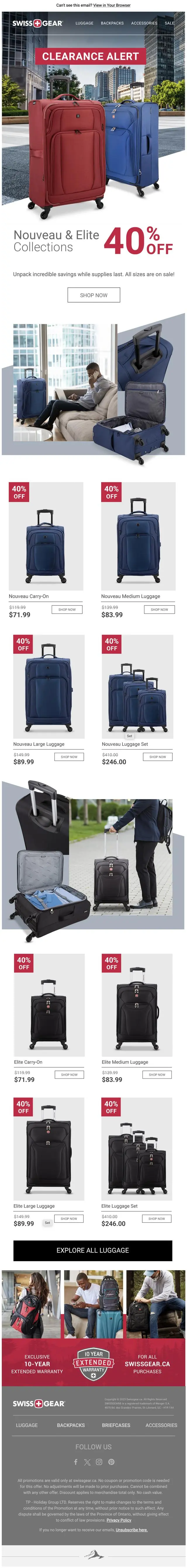SwissGear email: Clearance alert: Nouveau and Elite 40% off